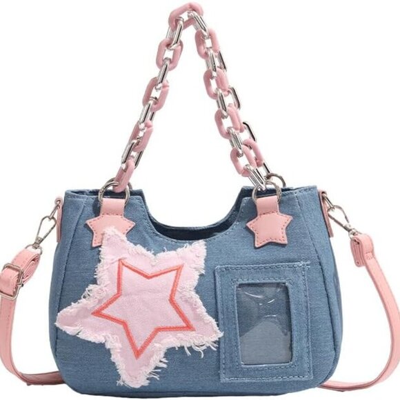 Handbags - Cute Shoulder Bag Crossbody Bag for Women Y2K Star Patchwork Denim Messenger Bag